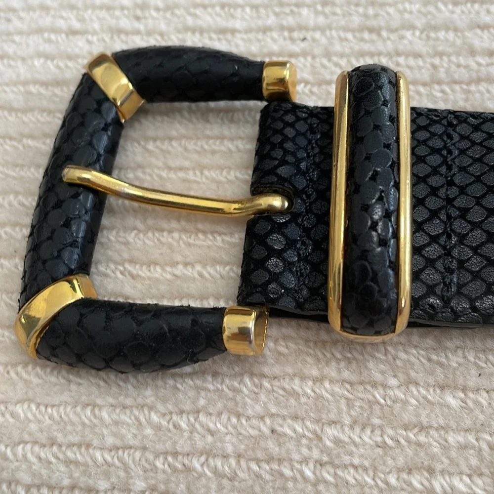 Womens Black Leather Dress Belt With Gold Accent Links